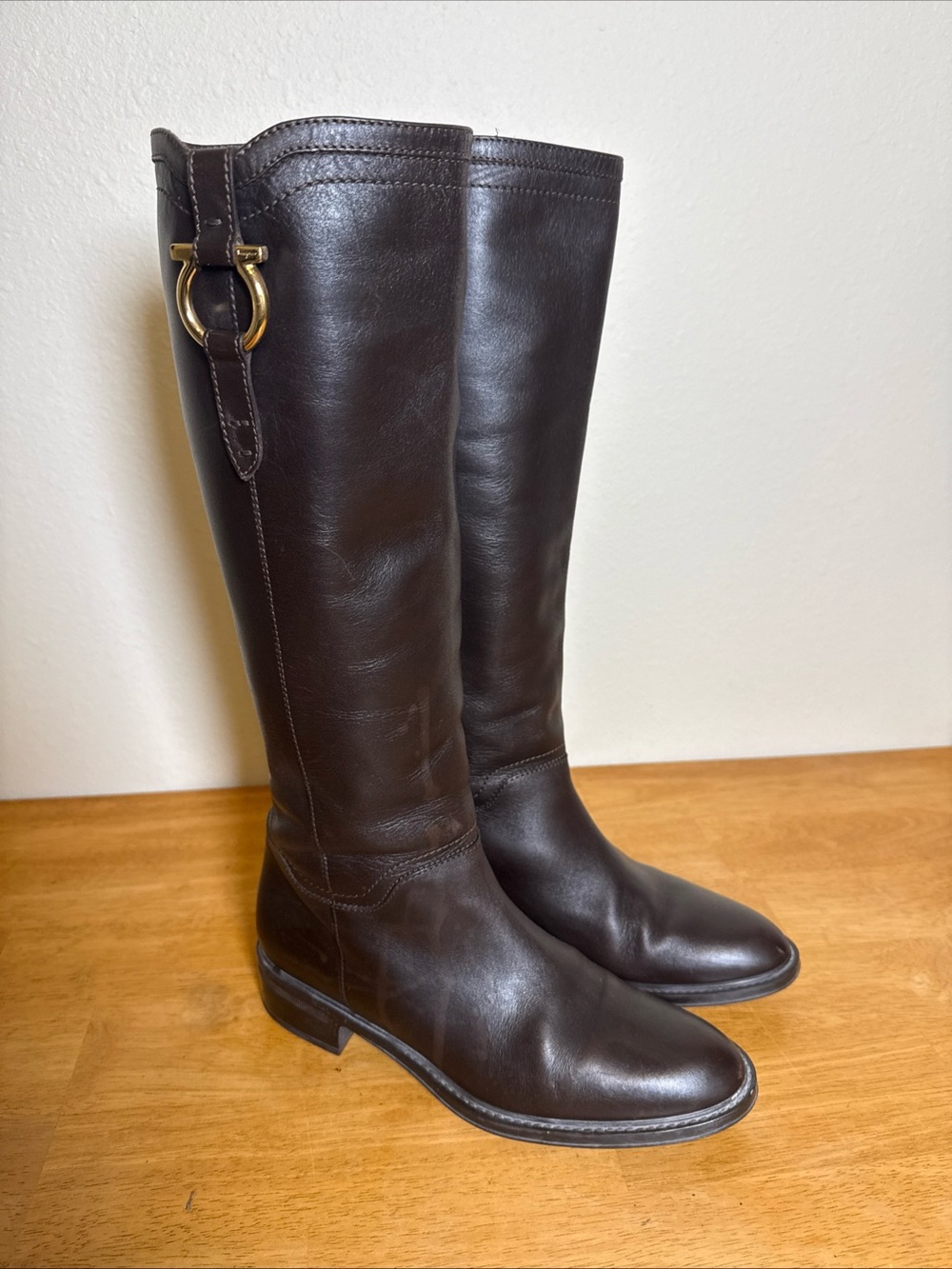 Salvatore Ferragamo Brown Riding Boots Horse Bit Detail Knee High 6.5 B